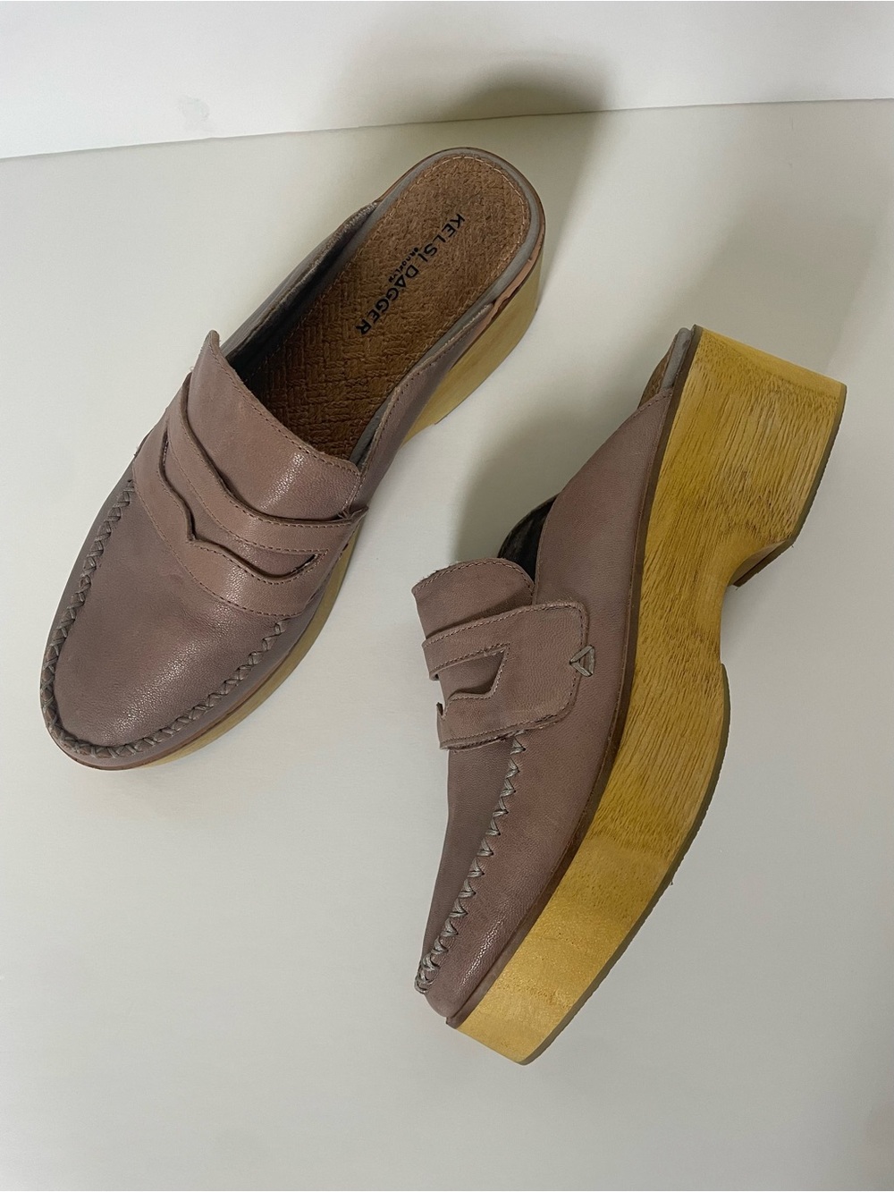 Kelsi Dagger Mauve Leather Platform Clog Mules with Wood Sole